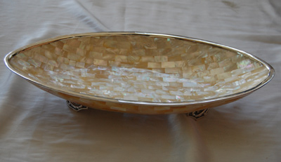 White MOP Shell Bowl with Silver Art