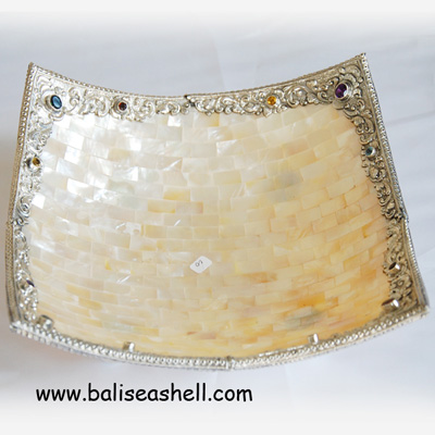 White MOP Shell Square Bowl with Silver Art